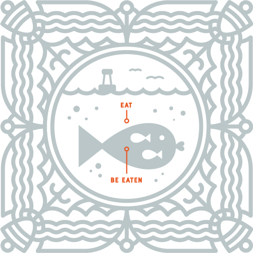 Patterned border with a fish in the middle, and some more fish in the middle of that fish.
