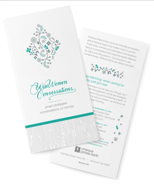 Wise Women Conversations brochure and event card.