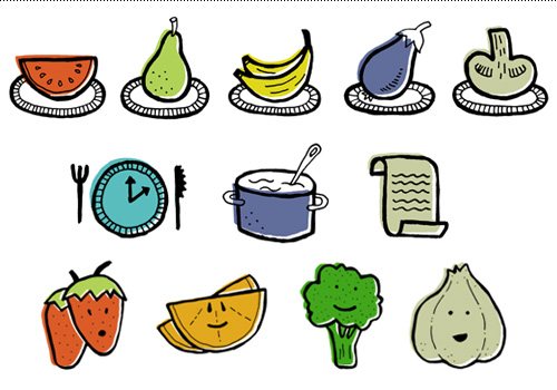 Small plates, plan icons and testimonial fruit & veggie characters.