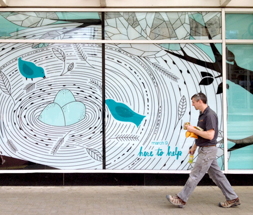 Somebody is eating for two. Director Park side of the facade, featuring the nest egg.