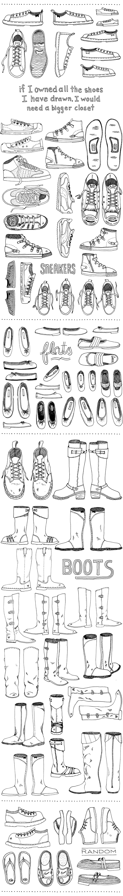 all sorts of black and white shoe illustrations in pen