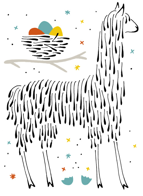 A llama and a nest and a broken egg, drawn in flowing teardrop style.