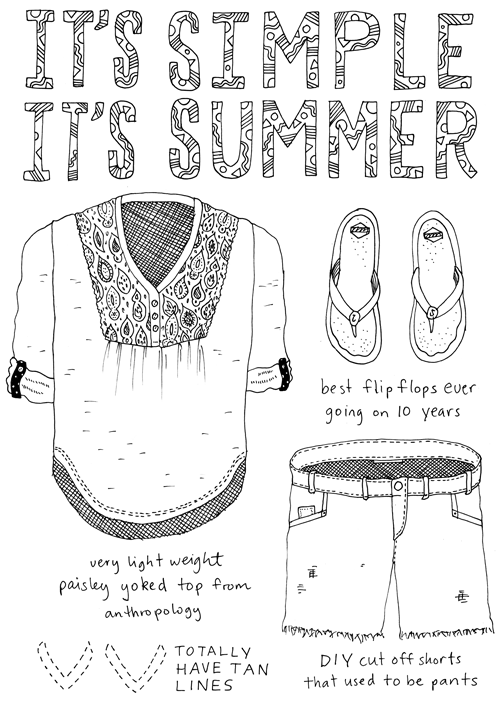 Outfit No. 65 - It's Simple, It's Summer: Very lightweight paisley yoked top from anthropology. / DYI cut off shorts that used to be pants. / Best flip flops ever, going on 10 years (totally have tan lines). 