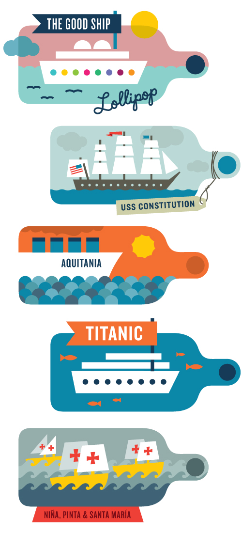 Ships in a bottle: good ship lollipop, USS Constitution, Aquitania, the Titanic, and the Niña, Pinta & Santa Maria.