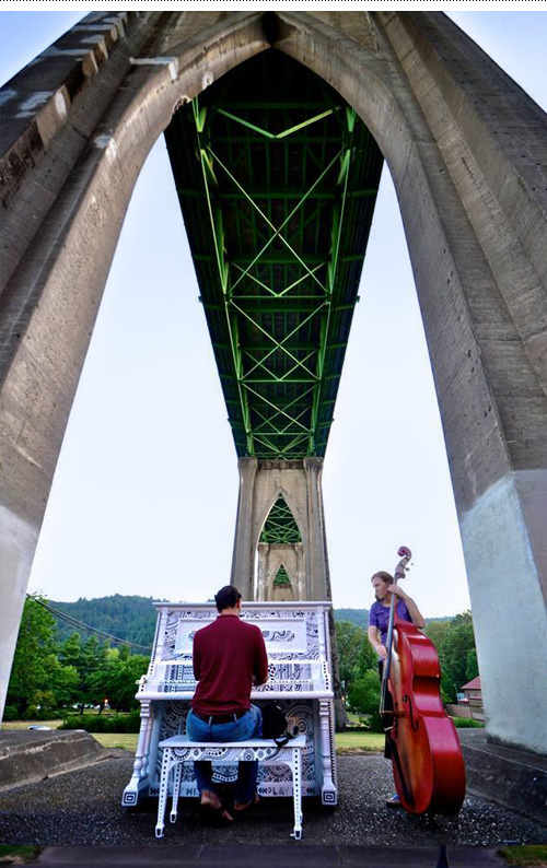 John David Van Beek playing the piano at Cathedral Park.