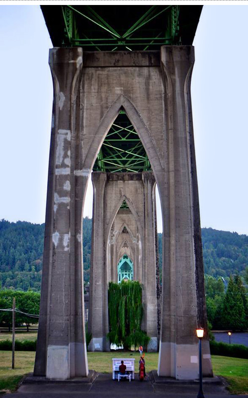 Scarlatti hanging out under the St. Johns Bridge in North Portland at Cathedral Park.