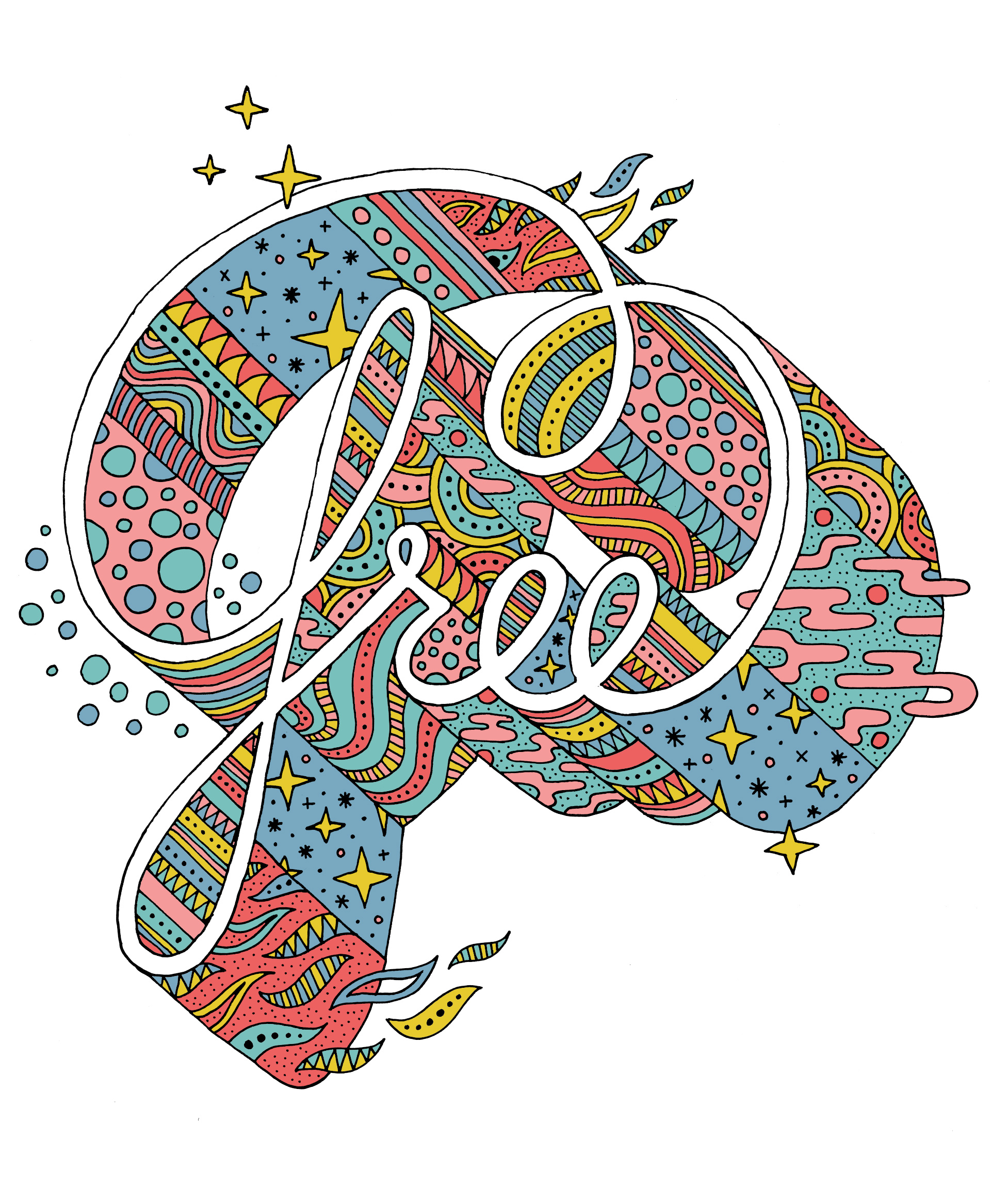 Hand drawn typography of the word free, filled with patterns and textures including stripes, dots, clouds, diamond universes, funky flames and swirling stripes.