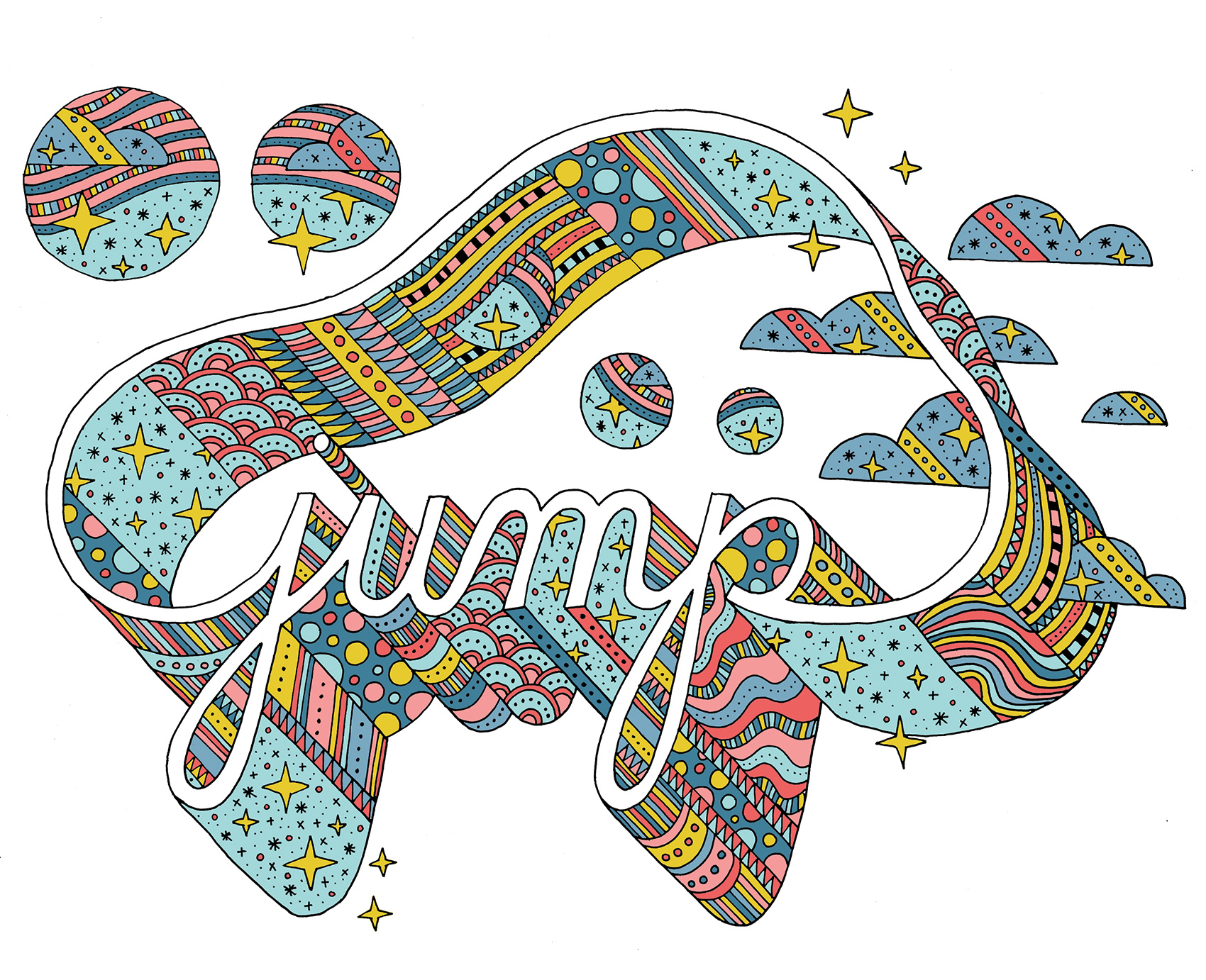 Jump typography with 3D treatment and a rainbow palette of texture and patterns.