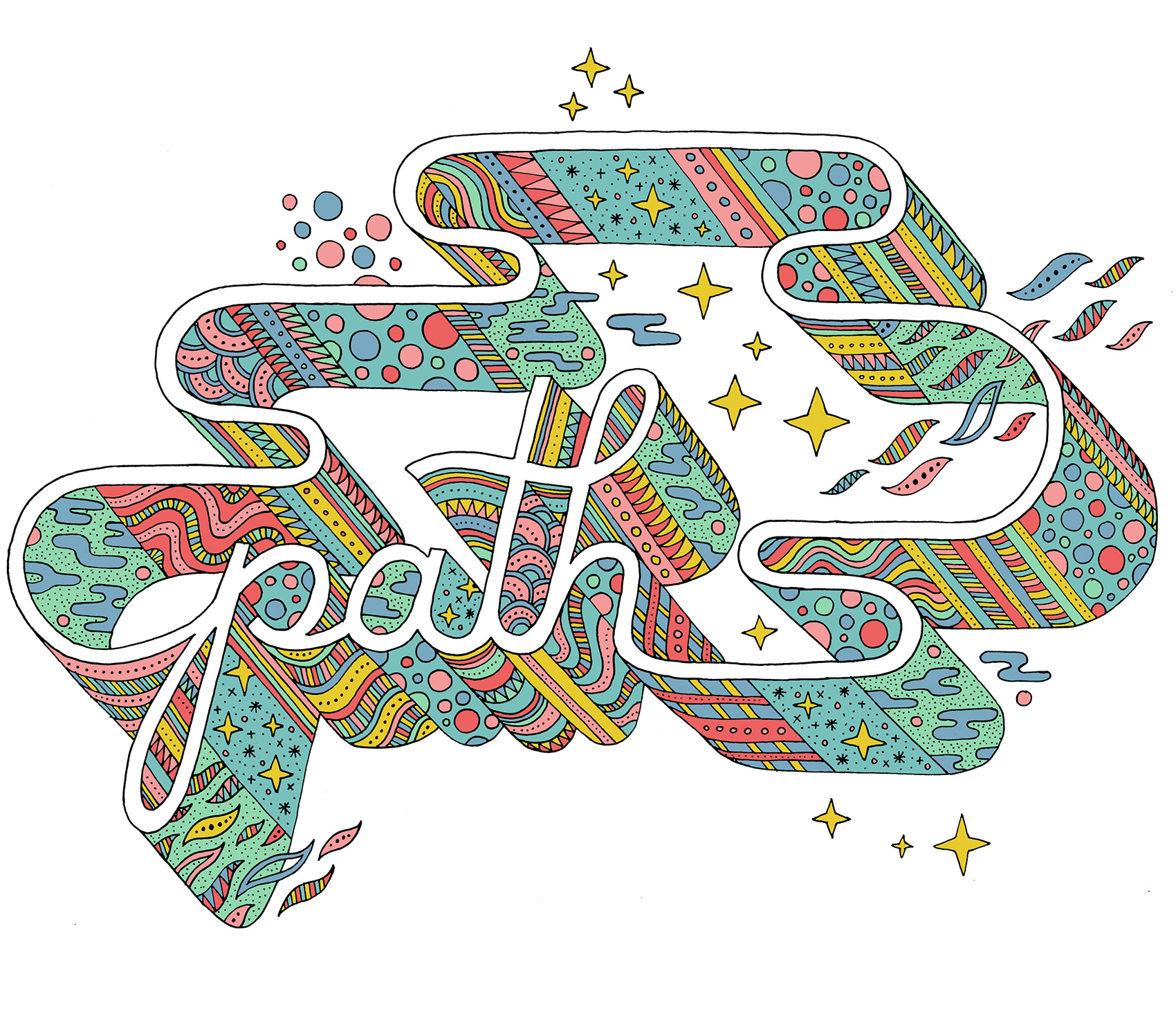 Path typography: filled with patterns and textures in a plethora of summer colors, plus a few sparkly bursts.