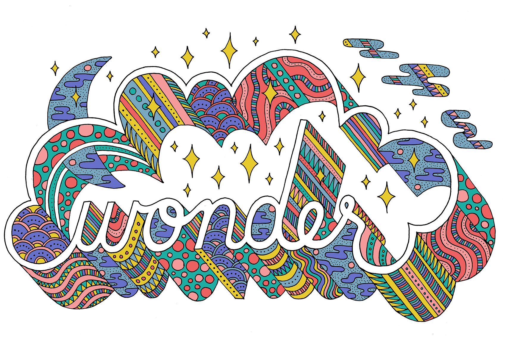 Wonder typography: night sky scene in 3D type filled with patterns and textures.