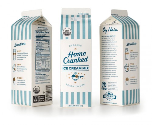 Carton packaging design for Home Cranked ice cream mix, showing all three side of the carton.