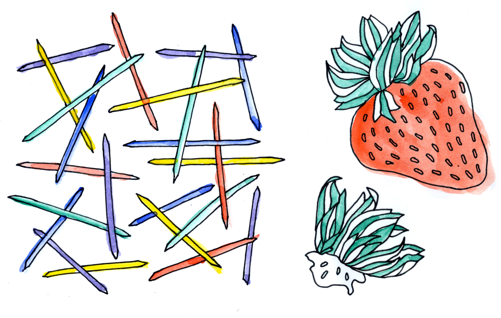 Black pen and watercolor sketch of toothpicks and strawberries.