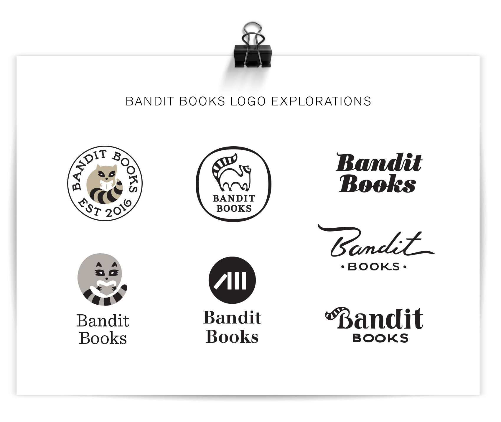 lots of raccoon centric logo explorations for Bandit Books