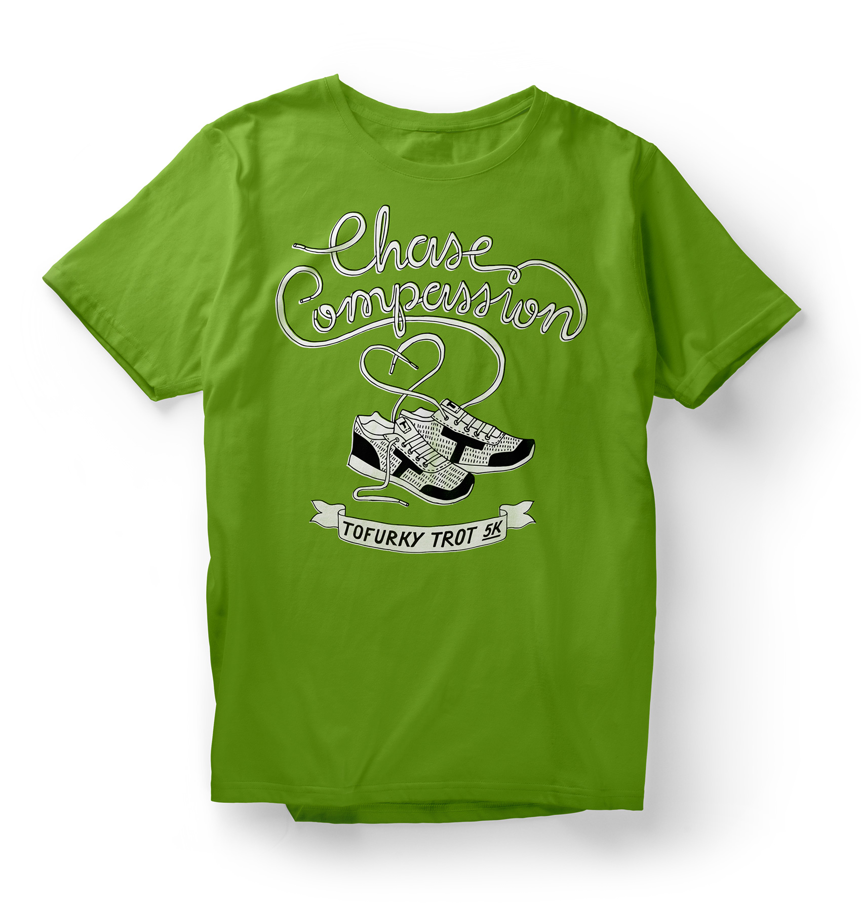 tofurky trot race t-shirt with illustrated shoes and shoelace lettering for "chase compassion"