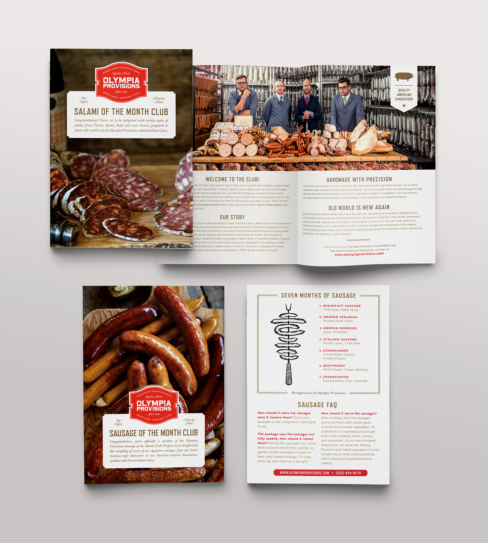 collateral inserts for Olympia Provisions' club of the months - salami of the month, sausage of the month, pate of the month and pickle of the month