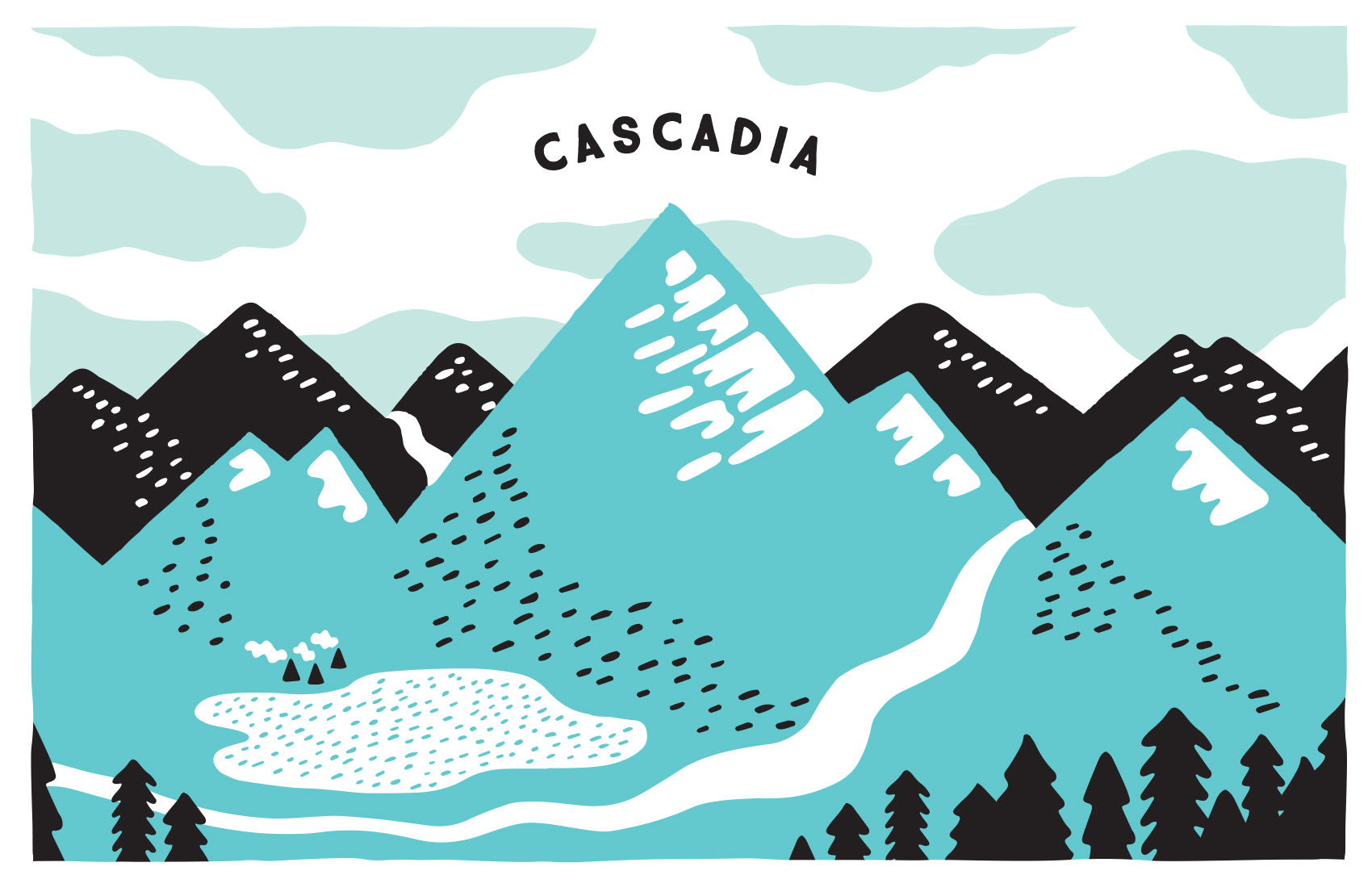 illustrated portrait of Cascadia with mountain ranges, river, lake and teepees