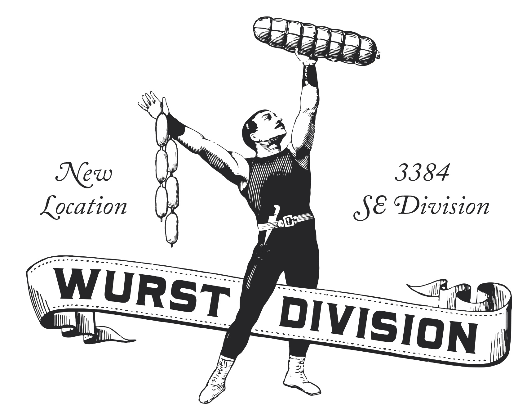 Strongman sausage lifter announcing the new OP Wurst Division location in SE Portland