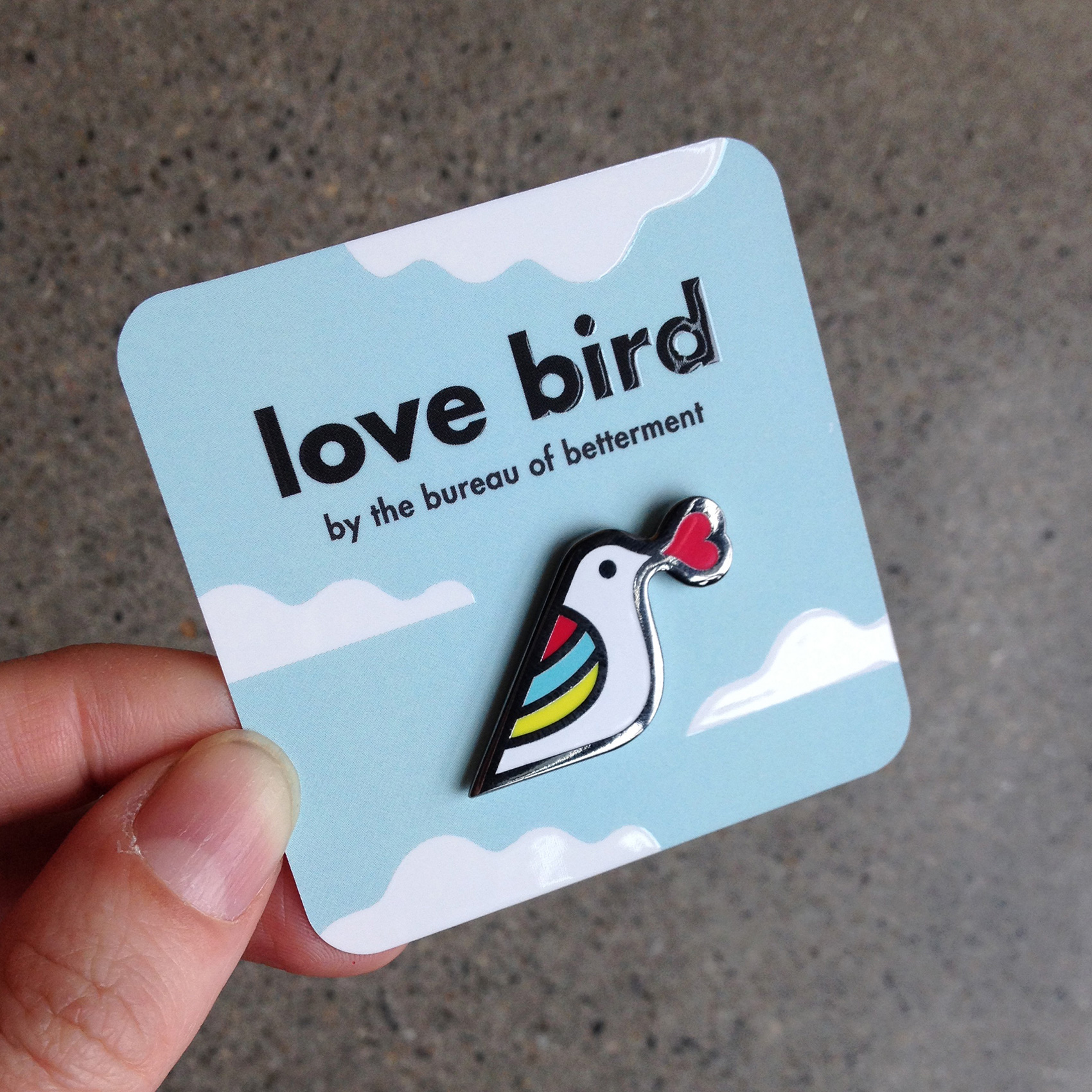 love bird pin with cloudy spot glass Moo Cards background backer