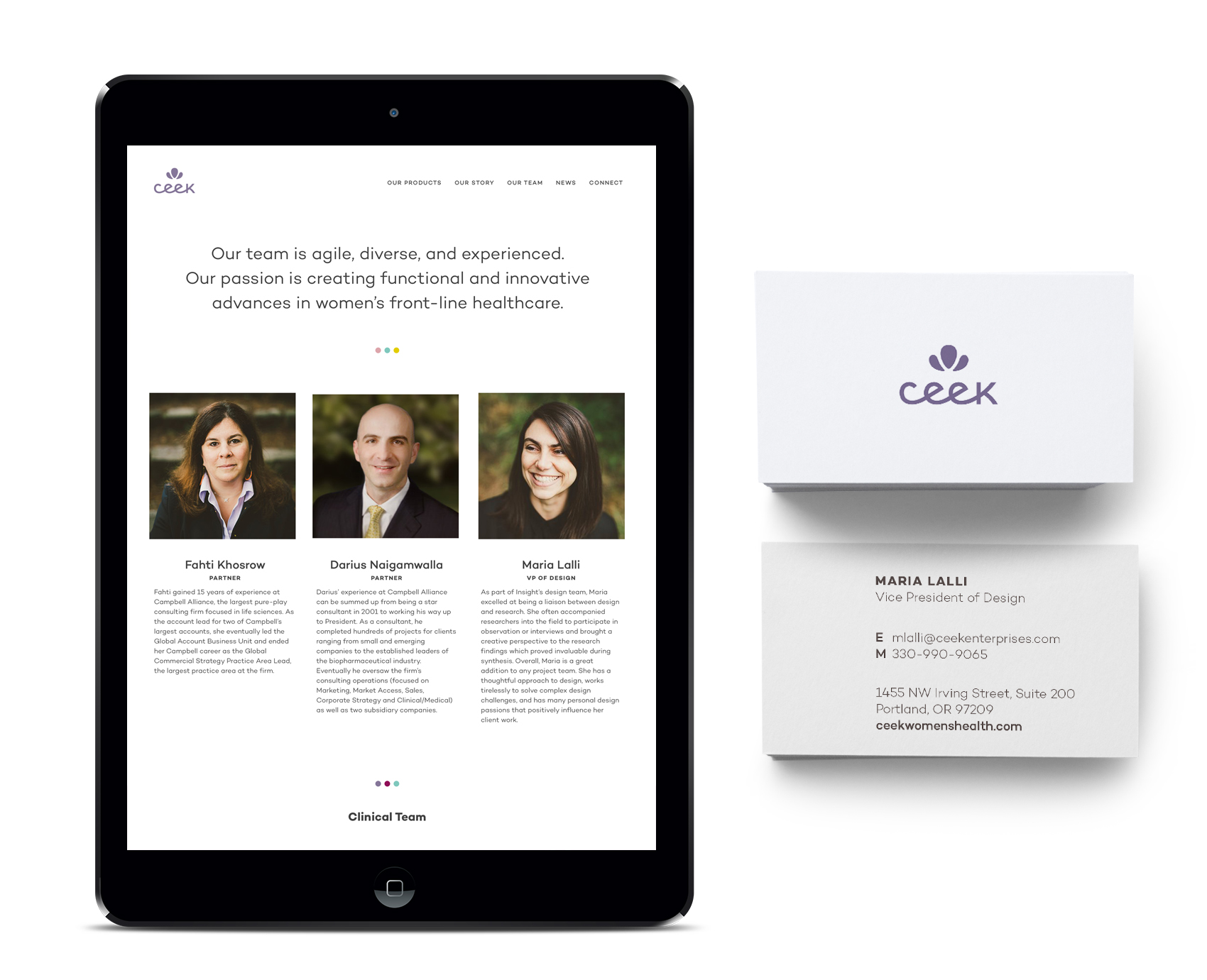 Ceek Women's Healthcare about page and business card.