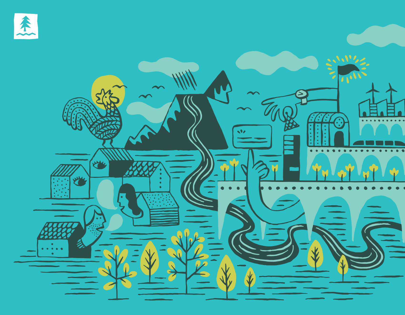 editorial illustration test for Umpqua Bank combining a community of personal, business, landscape, nature & city