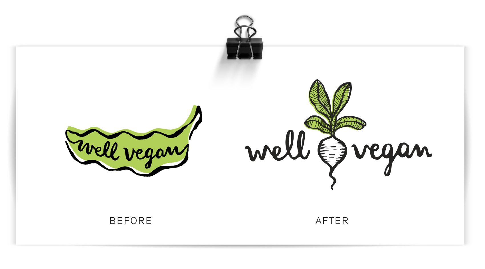 before and after logo for well vegan, from a smiling pea pod to a white radish