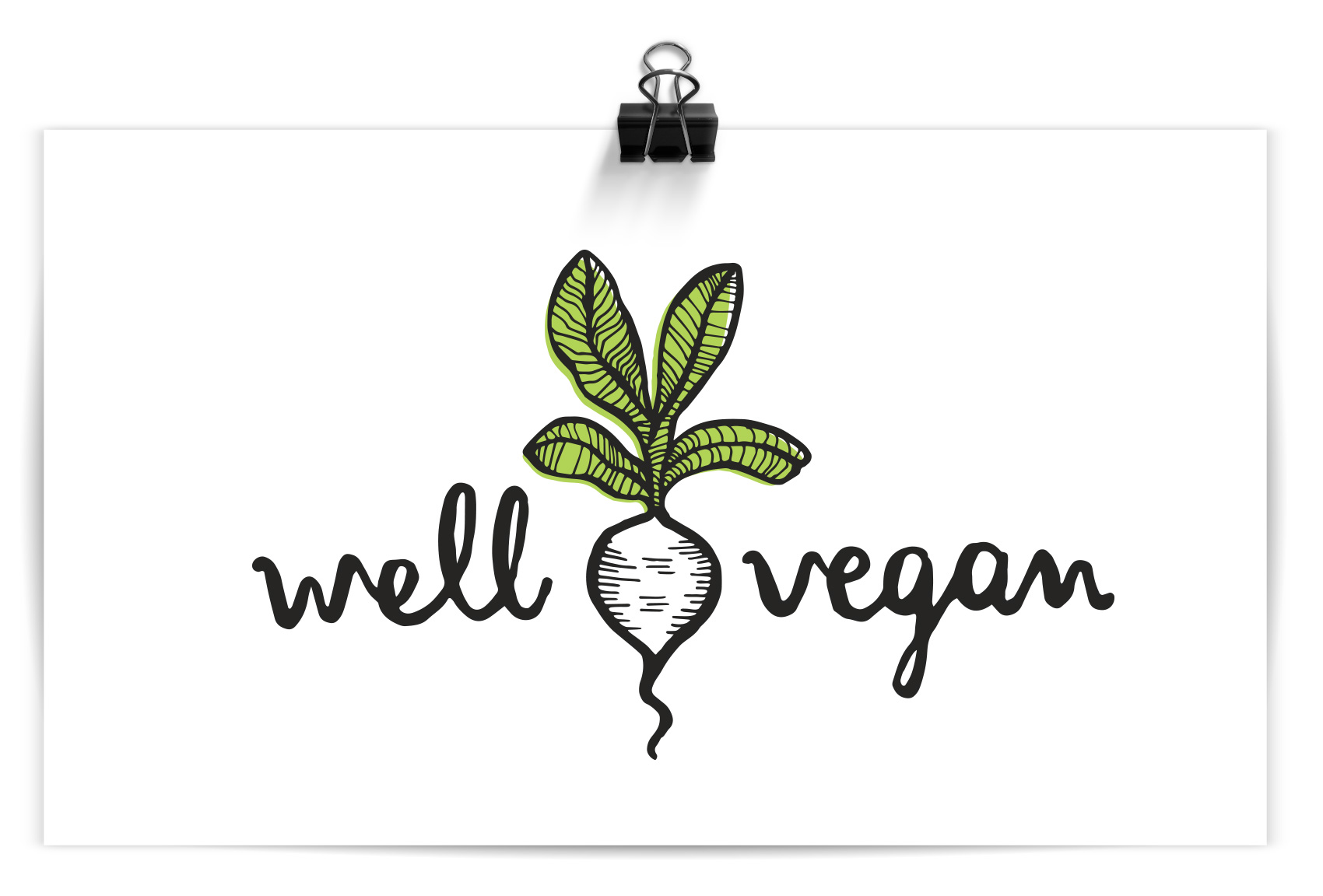 well vegan hand drawn logo in black brush pen with a radish illustration and green color pop