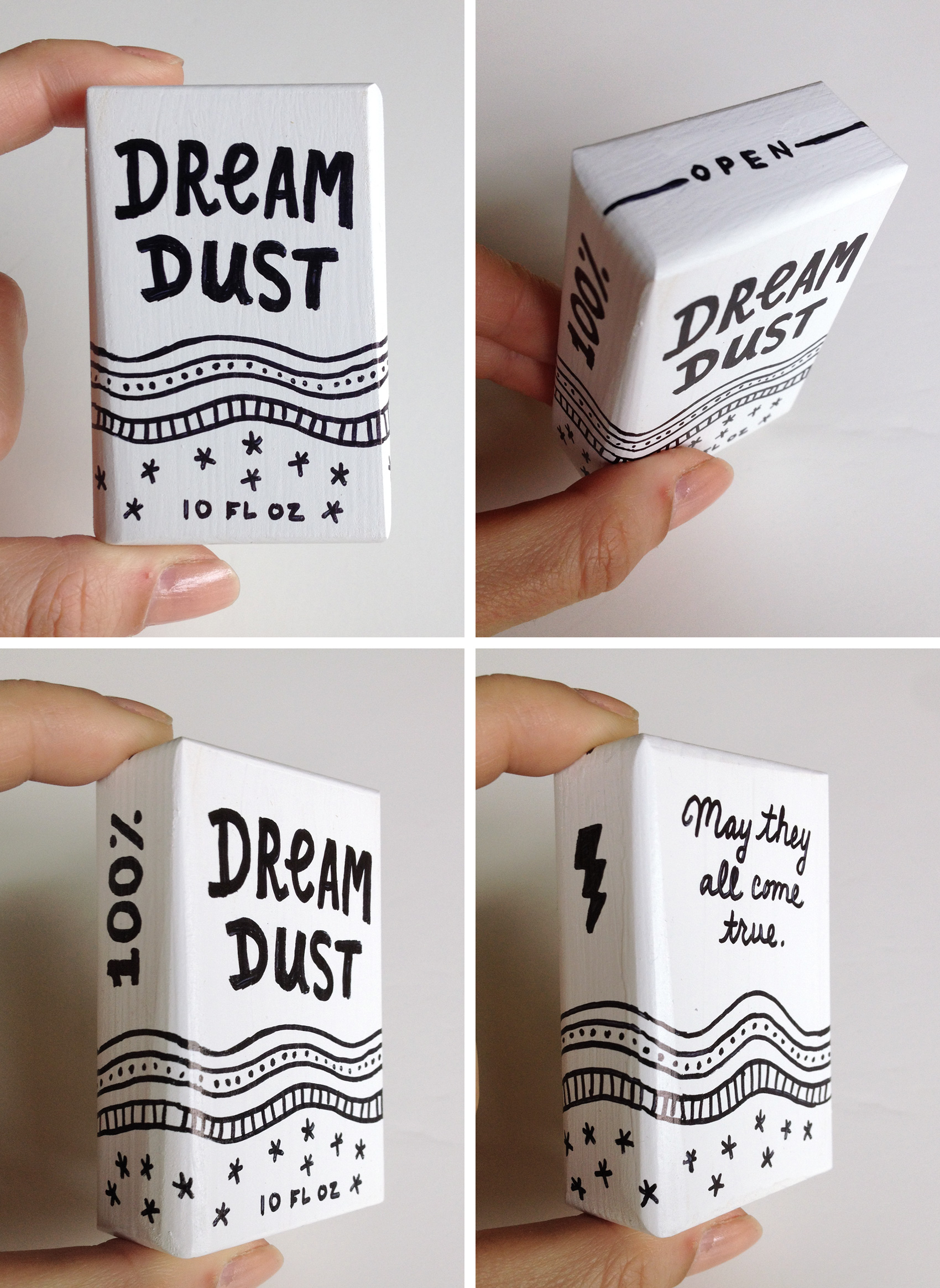 Dream Dust faux packaging. An illustration test on a 3D white wooden box for the Portland Art Museum Monster Drawing Rally 2017.