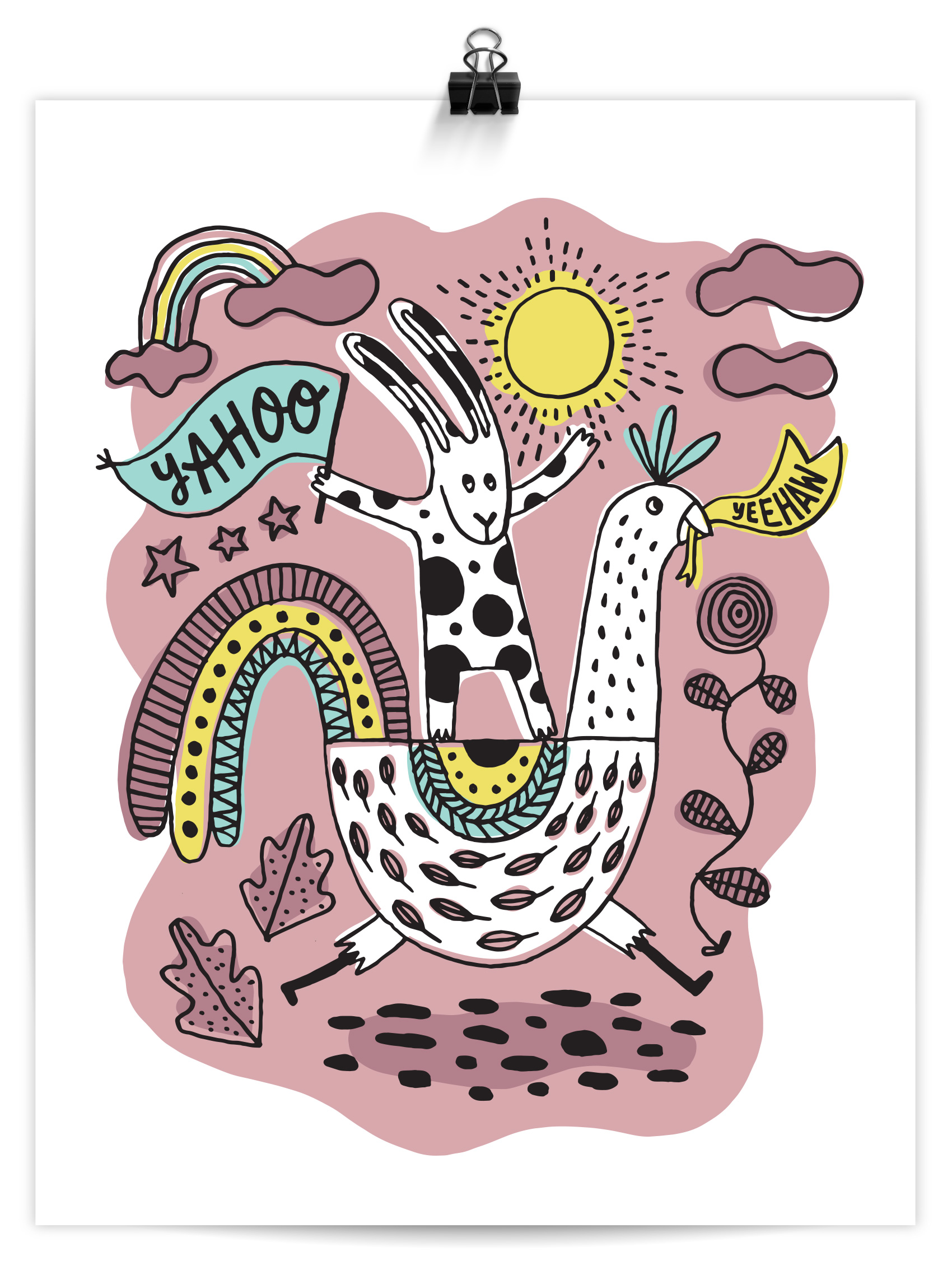 Hand drawn brush illustration of a rabbit riding a chicken, pink skies and clouds, each holding a sign: Yahoo! Yeehaw!