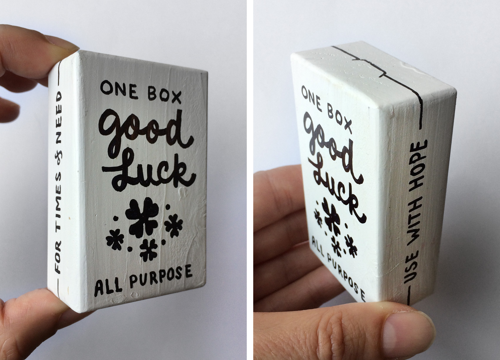 hand lettered wooden box of good luck