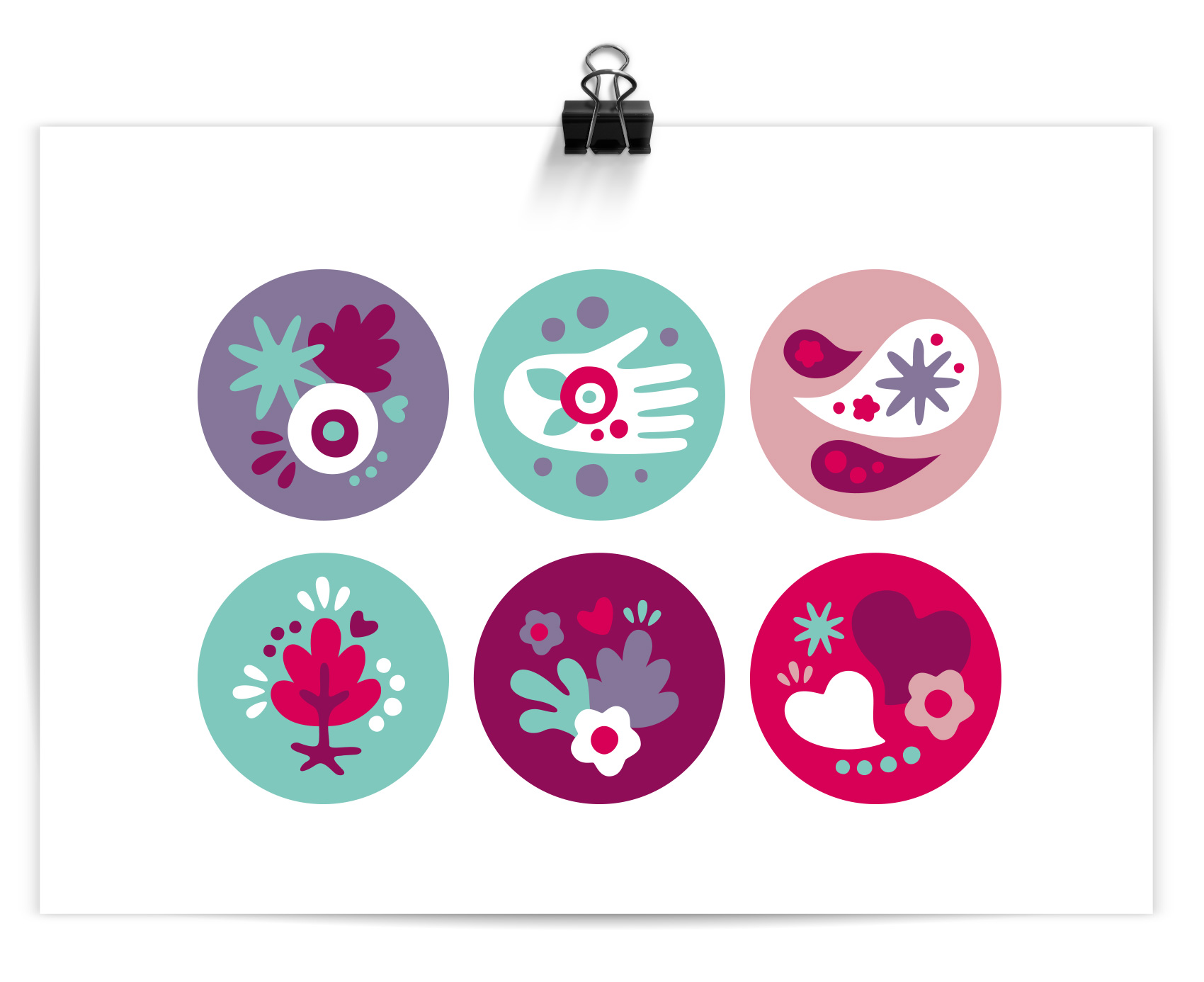 series of six icons with flowers, bursts, hands, speech bubbles etc to portray a soft, female-focused brand look