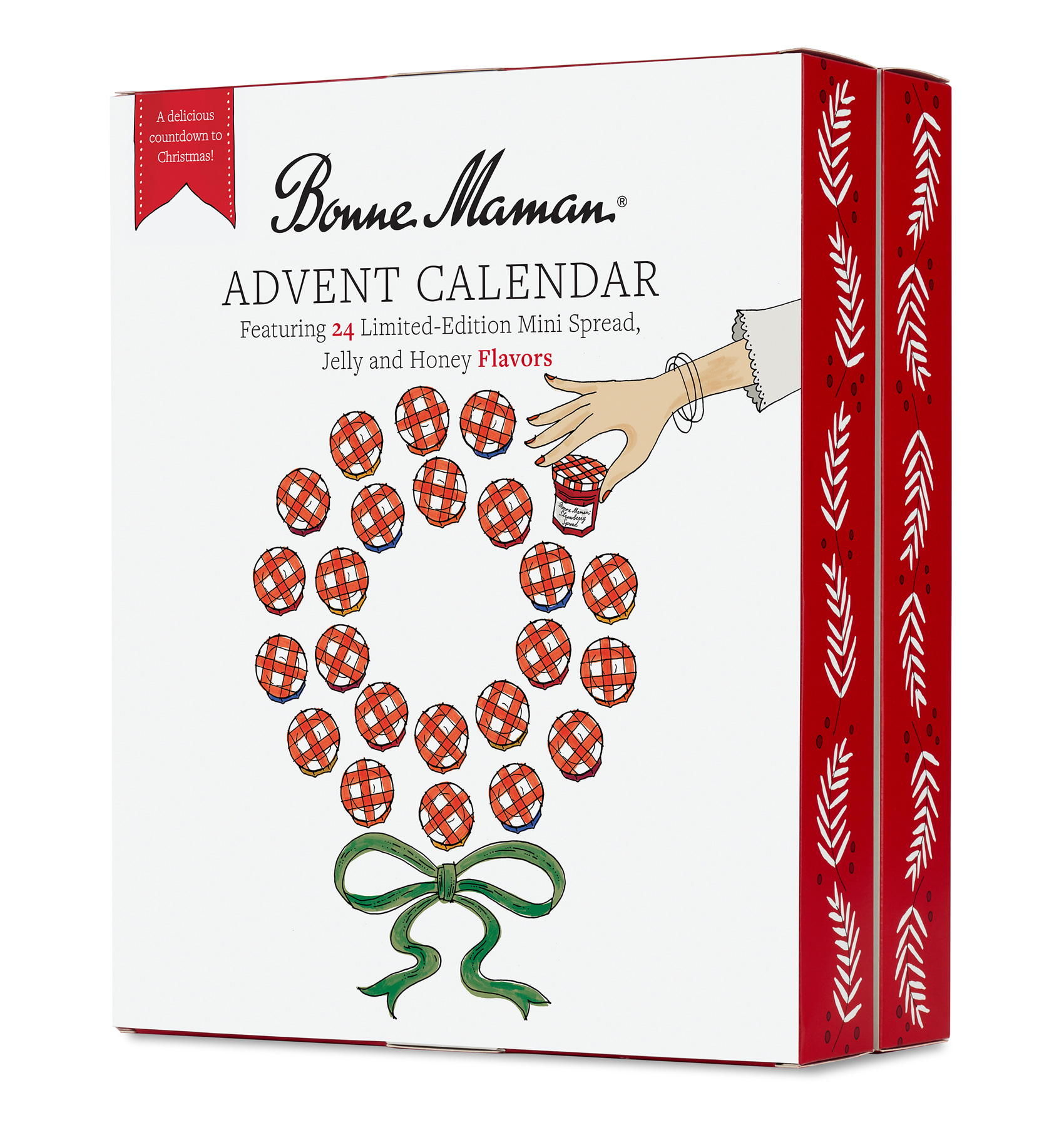 Front of box for the Bonne Maman advent calendar features a wreath of mini-jars of preserves  with the classic red and white checkered lid, one being plucked for enjoyment.