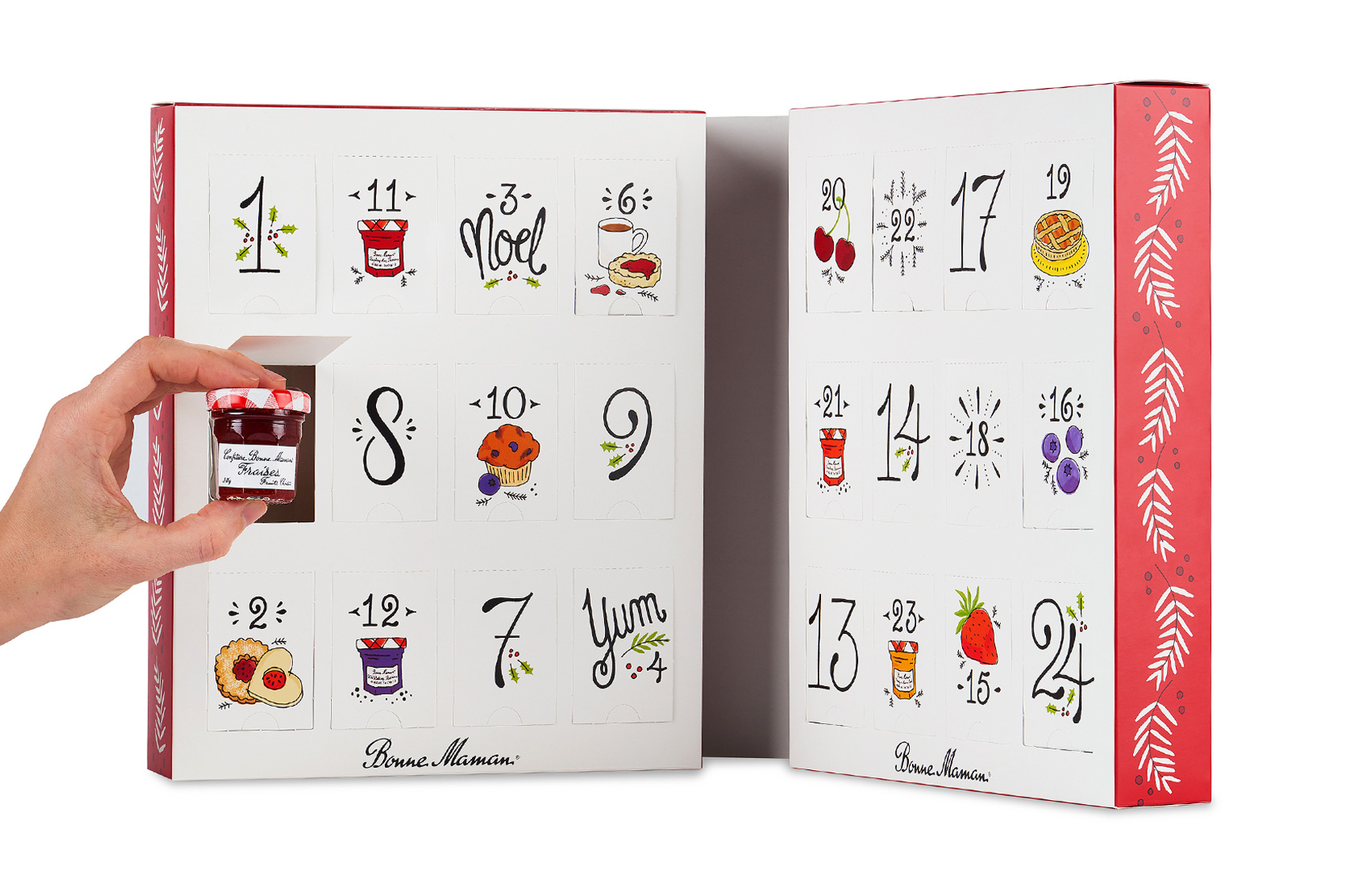 Inside of box for Bonne Maman advent calendar with custom illustration and french-inspired hand lettered numerals, full of holiday cheer - sprigs of holly, bursts and sweet treats.