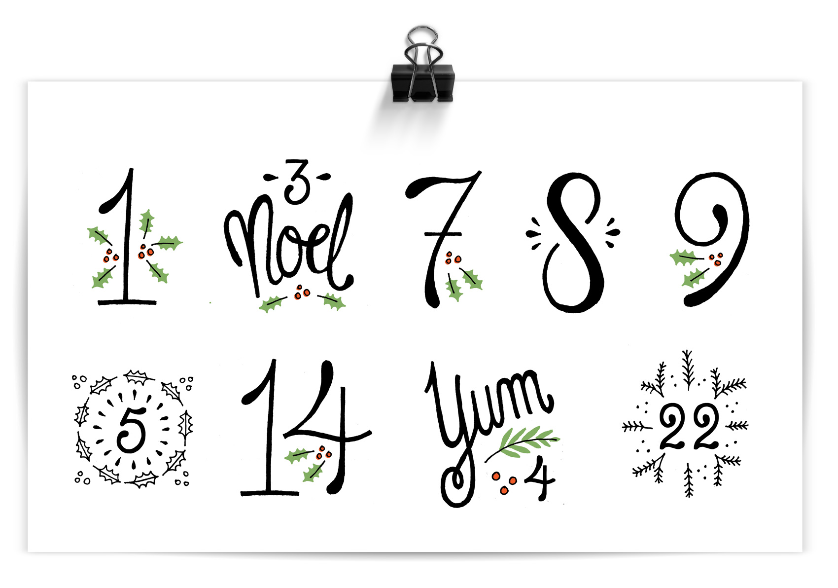 Hand lettered french-inspired numbers and numerals with holiday and Christmas flair.