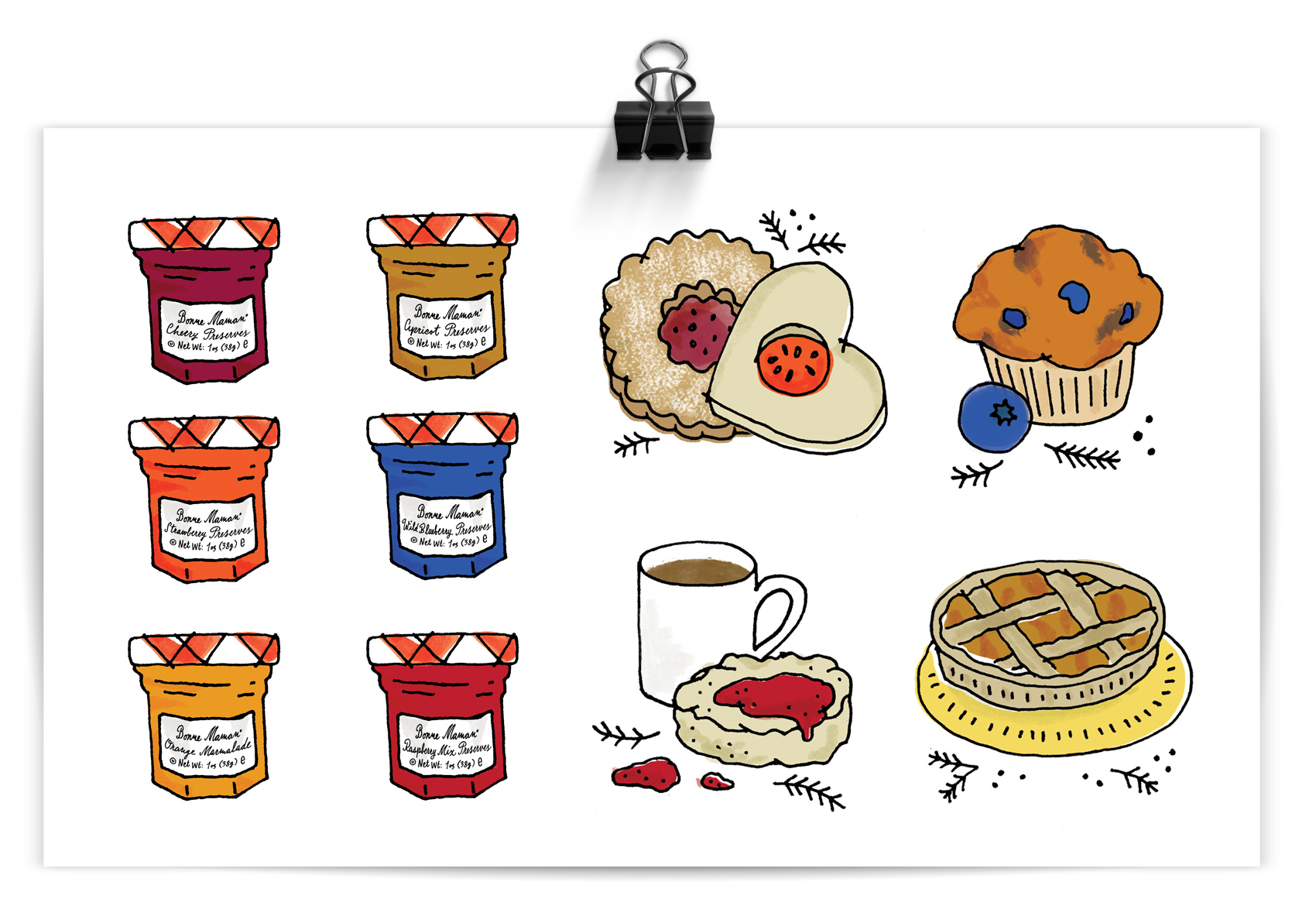 Illustrations of tiny Bonne Maman preserve jars and sweet treats they can be use for.