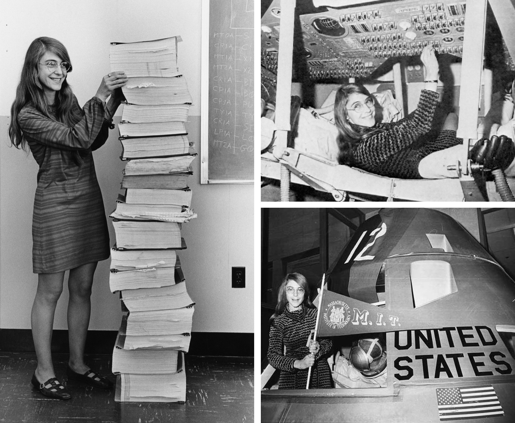 three photos of female coder Margaret Hamilton who worked for Nasa and helped with the Apollo mission