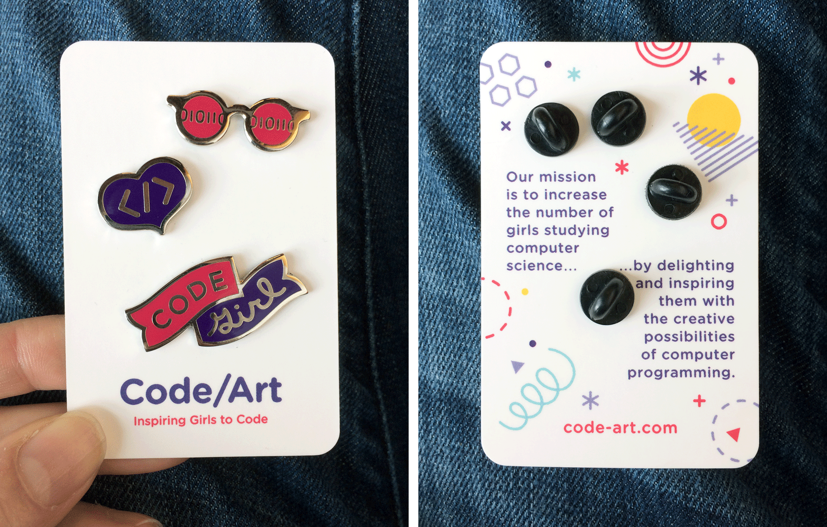 enamel pins for girls who code - a "code girl" banner, </> heart, and code sunglasses