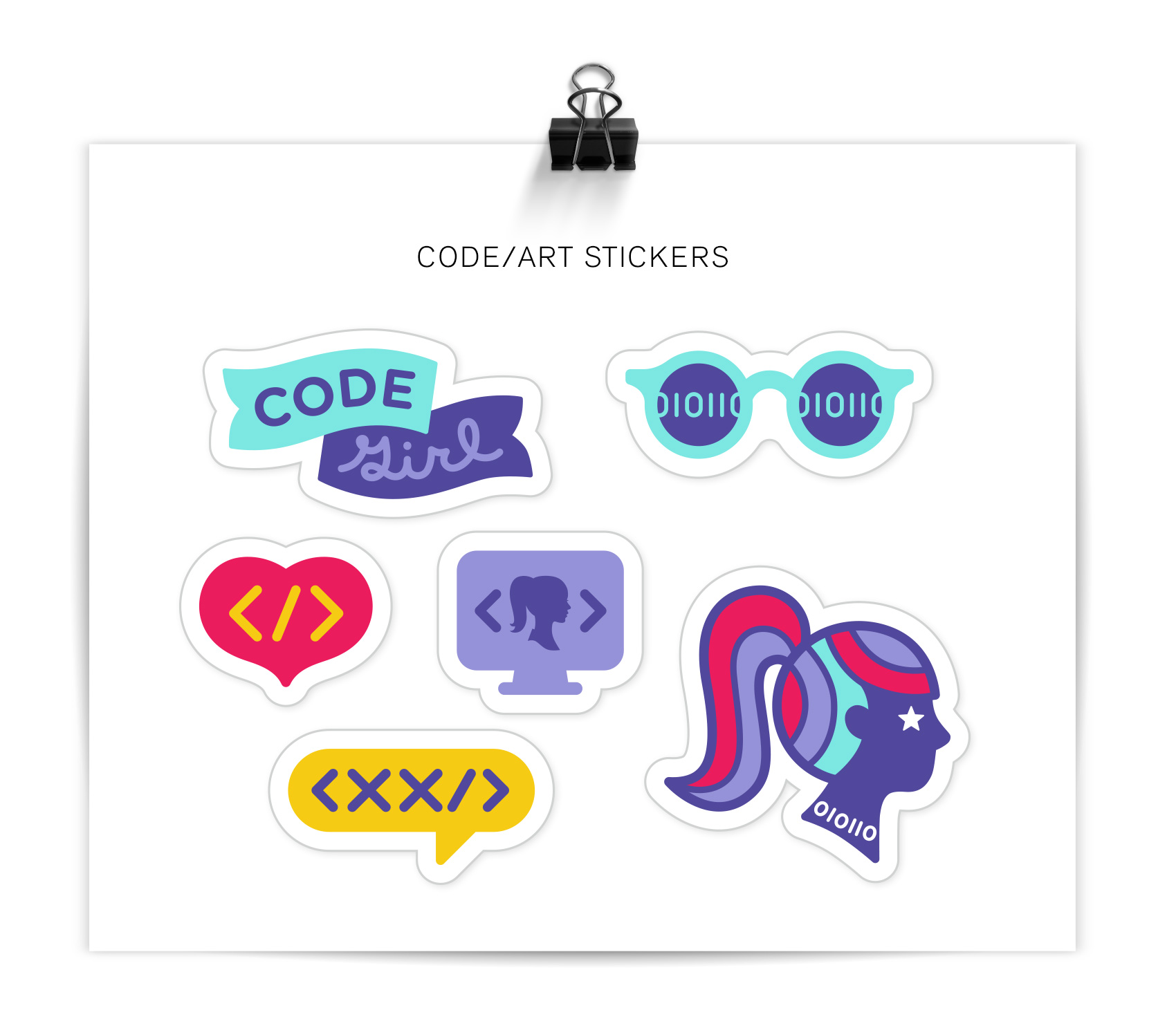 stickers for code/art girls including "code girl" banner, code sunglasses, </> heart, <xx/> and code girl brooch