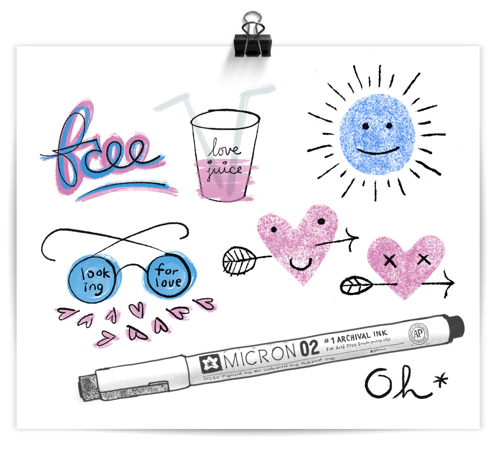 free typography, love juice cup, looking for love glasses, micron pen sketch