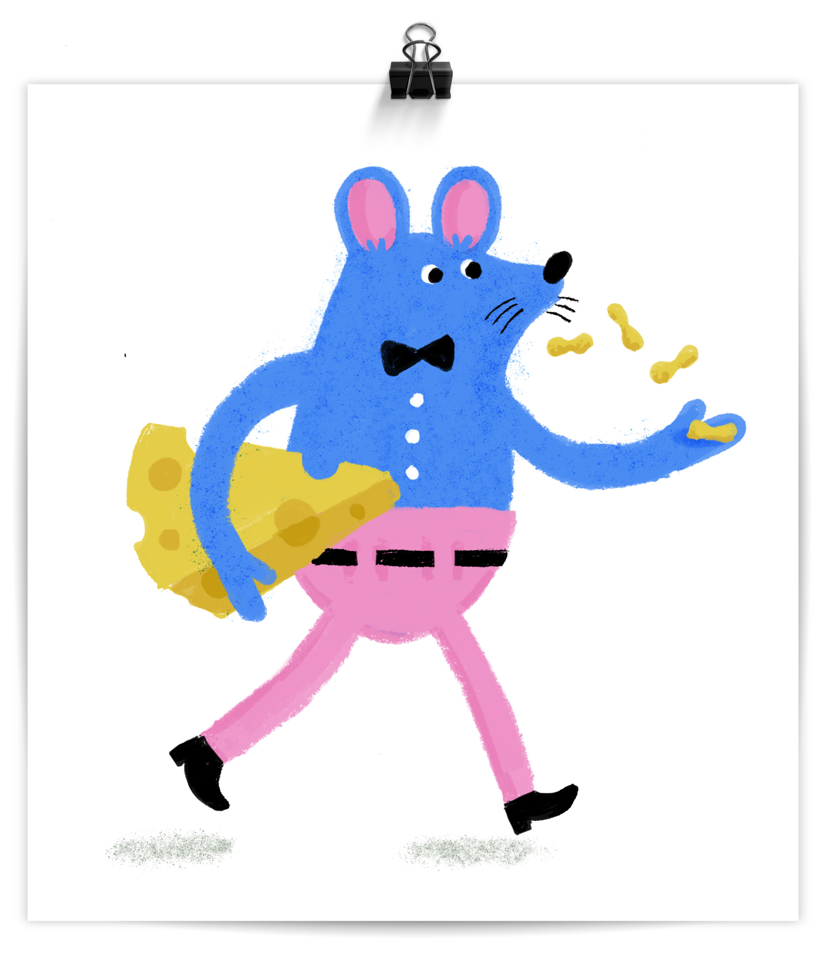 a blue mouse in pink pants carrying some cheese and eating peanuts