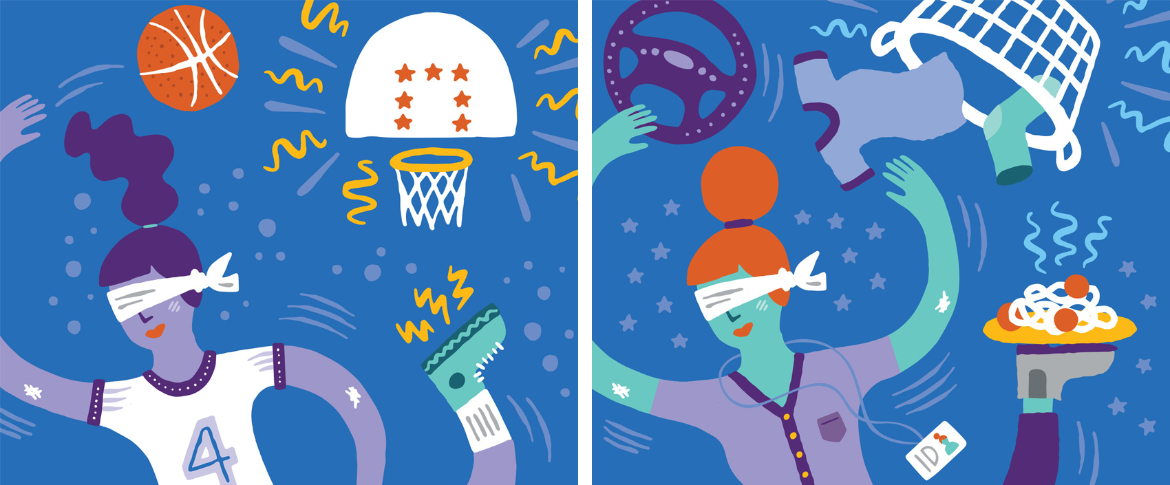 Illustration of a teenage girl tossing a basketball into a hoop. // Illustration of a mom tossing clothes into a laundry basket