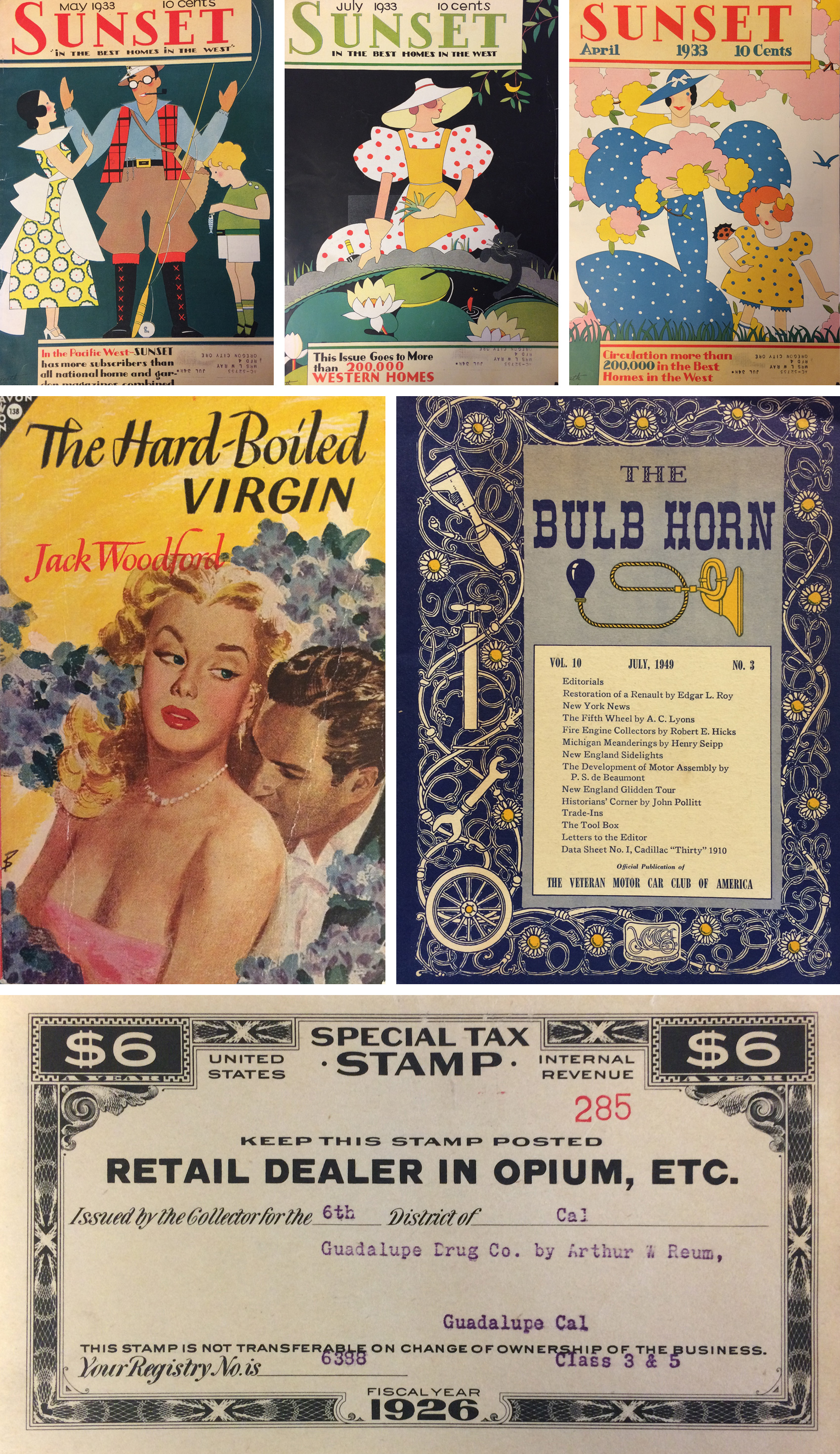 vintage sunset magazine illustrated covers from 1933, fun book covers, and a tax certificate for being a retail dealer in opium.