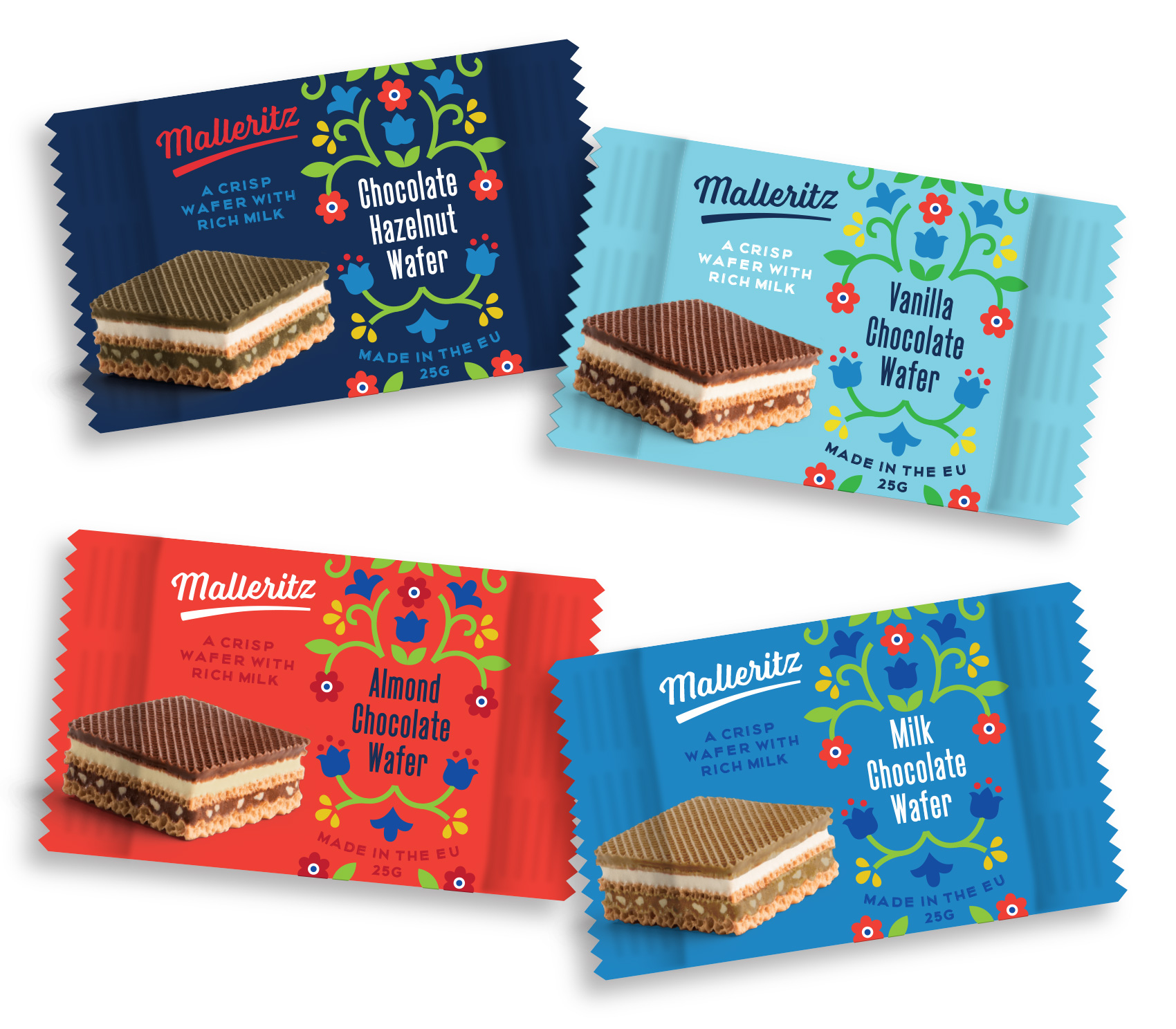 Concept packaging for chocolate wafers in four flavor ways: chocolate, vanilla, milk chocolate, and hazelnut. Illustration in a modern style but with traditional European motifs.