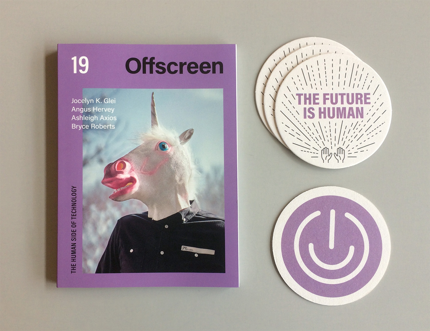 Offscreen magazine issue 19 with coaster design "the future is human" and a digital high five.