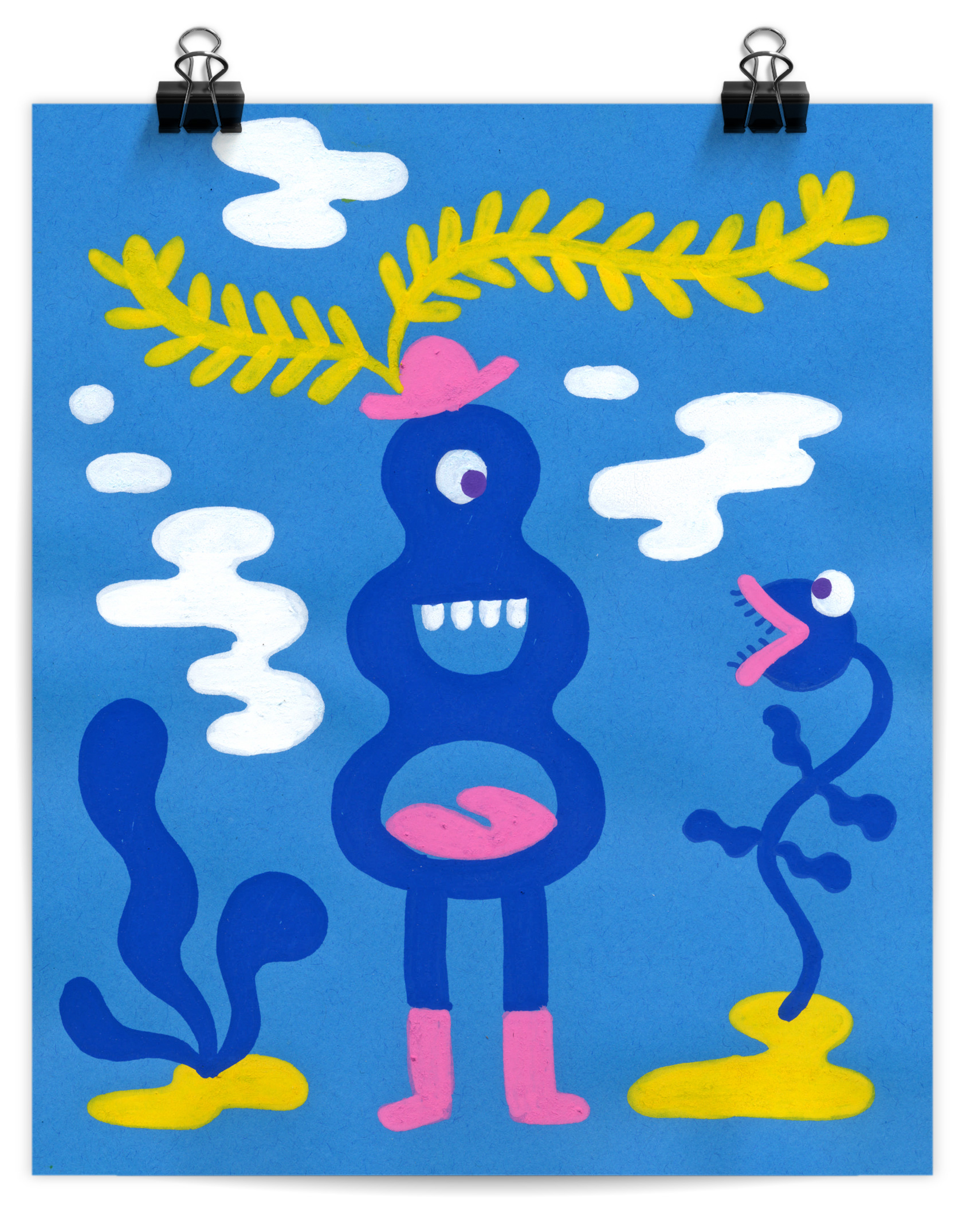 Posca marker artwork of a happy monster wearing a yellow-feathered hat and talking to a venus fly trap.