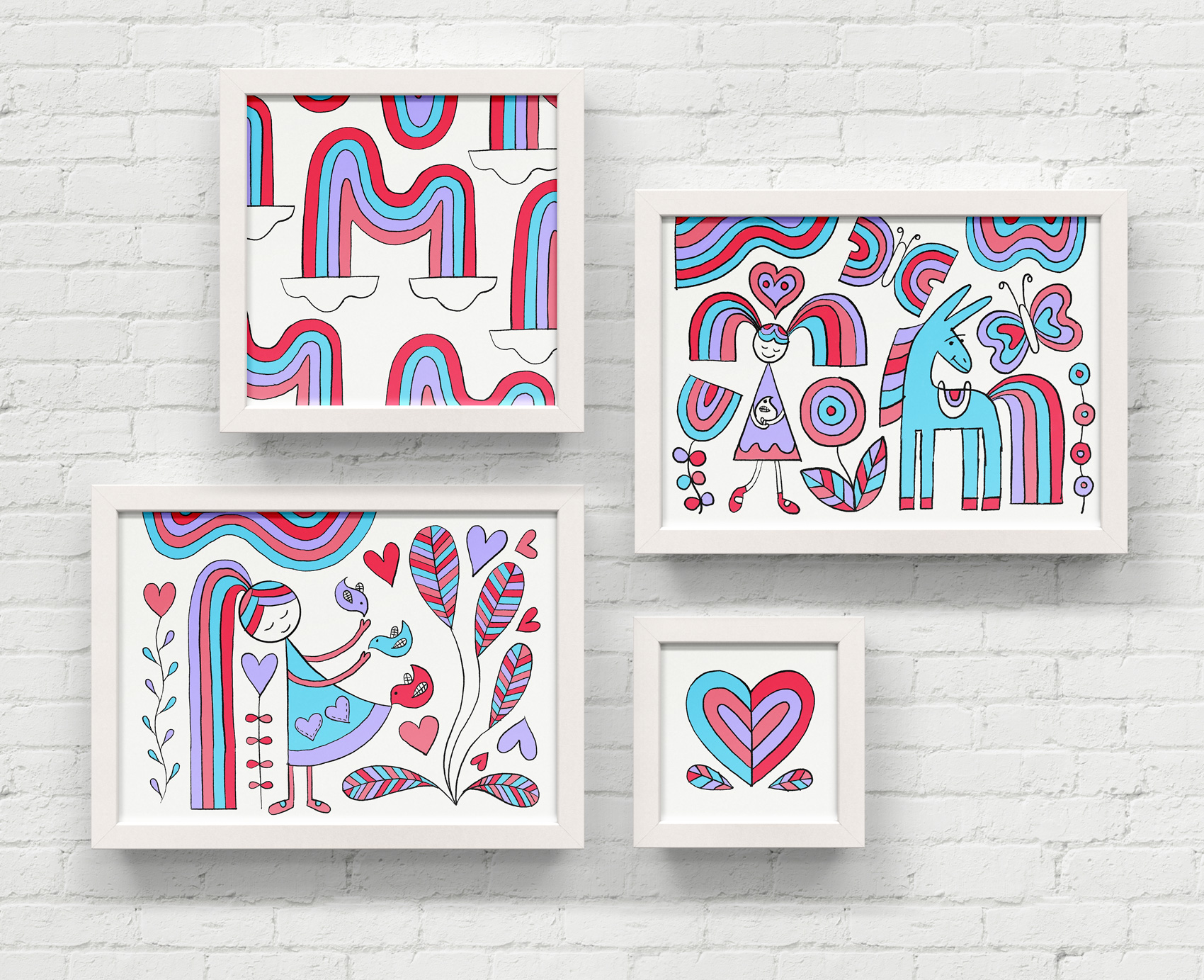 Series of four illustrations done in four rainbow-tastic colors. A girl and her mule, a bifurcated heart, rainbows everywhere, and a rainbow world interpretation of the Cinderella dress scene.