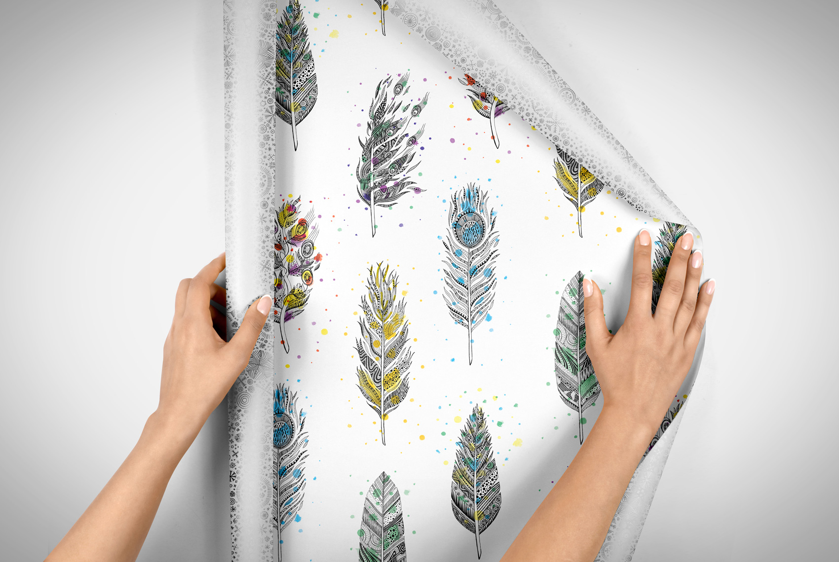 Illustrated feather hand drawn gift wrap pattern or wallpaper.