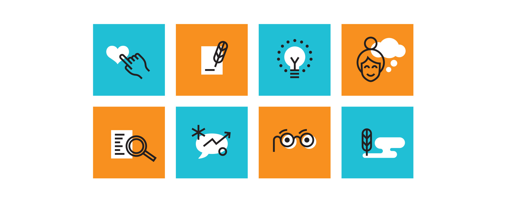 Series of icons for law firm including quill pen signing, light bulb, search function, smart glasses, signature bubble, conversation and thought bubble.