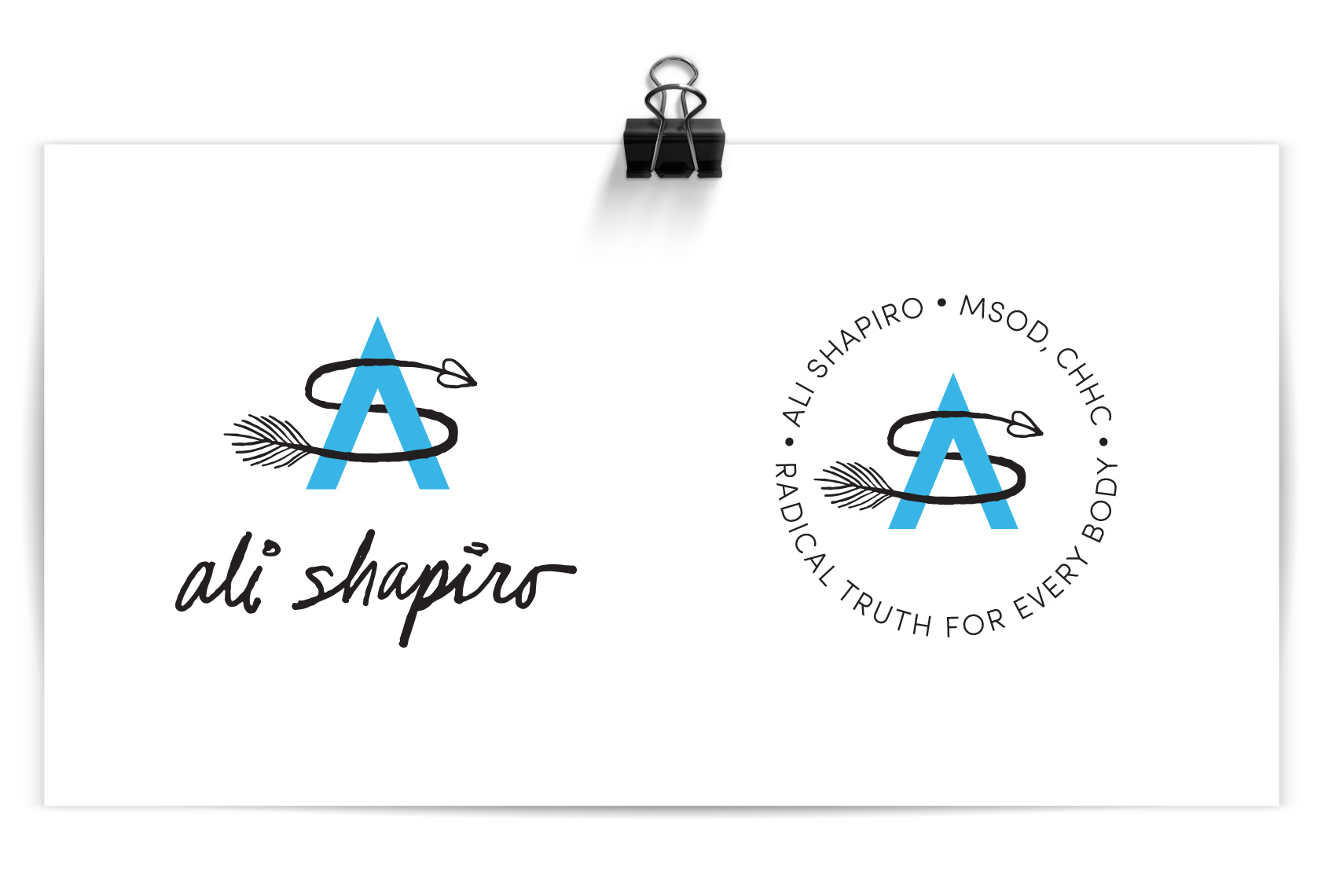 Ali Shapiro logos - an AS monogram with a modern A and a windy feather arrow S.