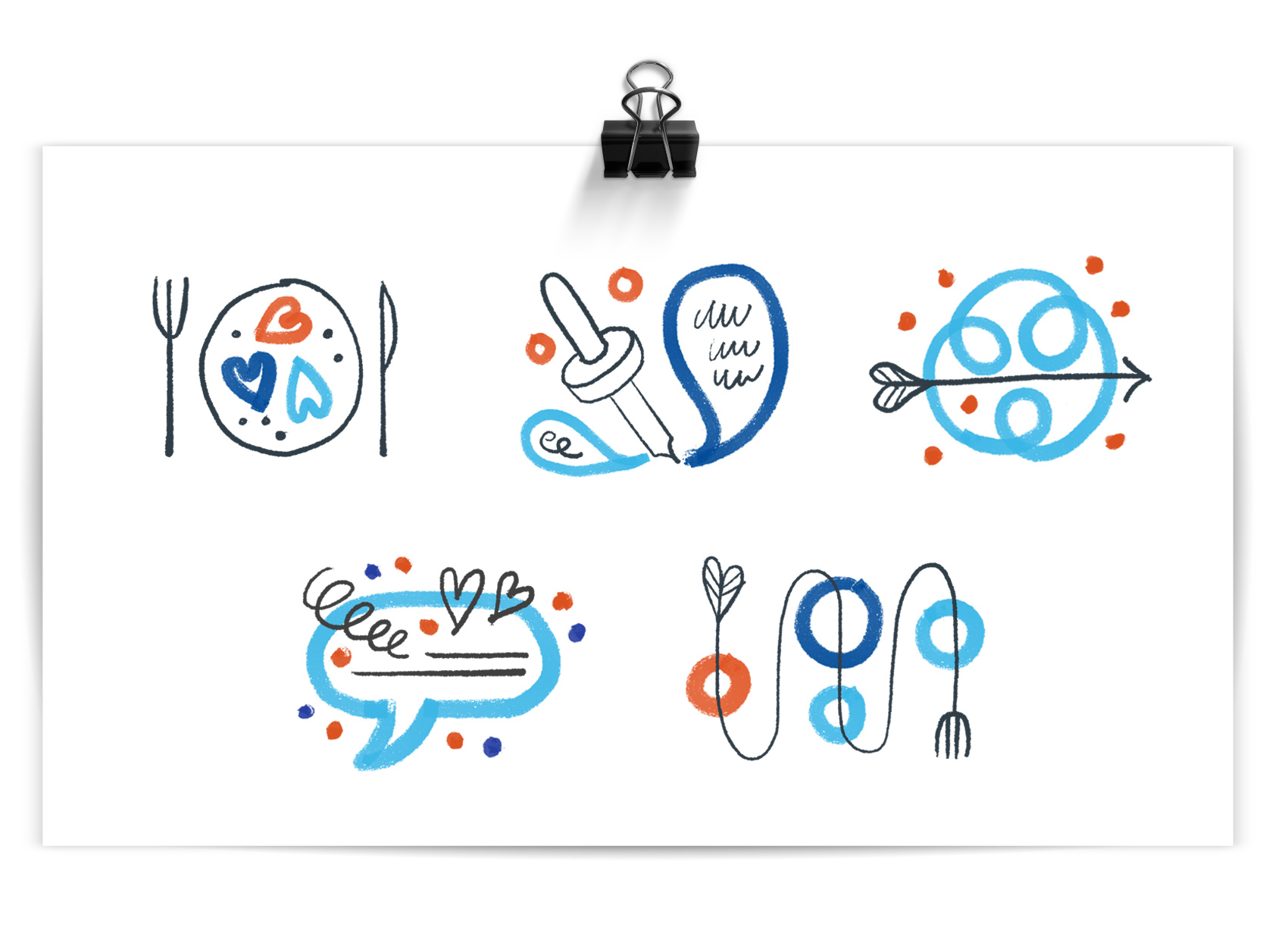 Program icons of: plate of hearts, eye dropper conversations, arrow through chaos, conversation bubble support, winding fork path.