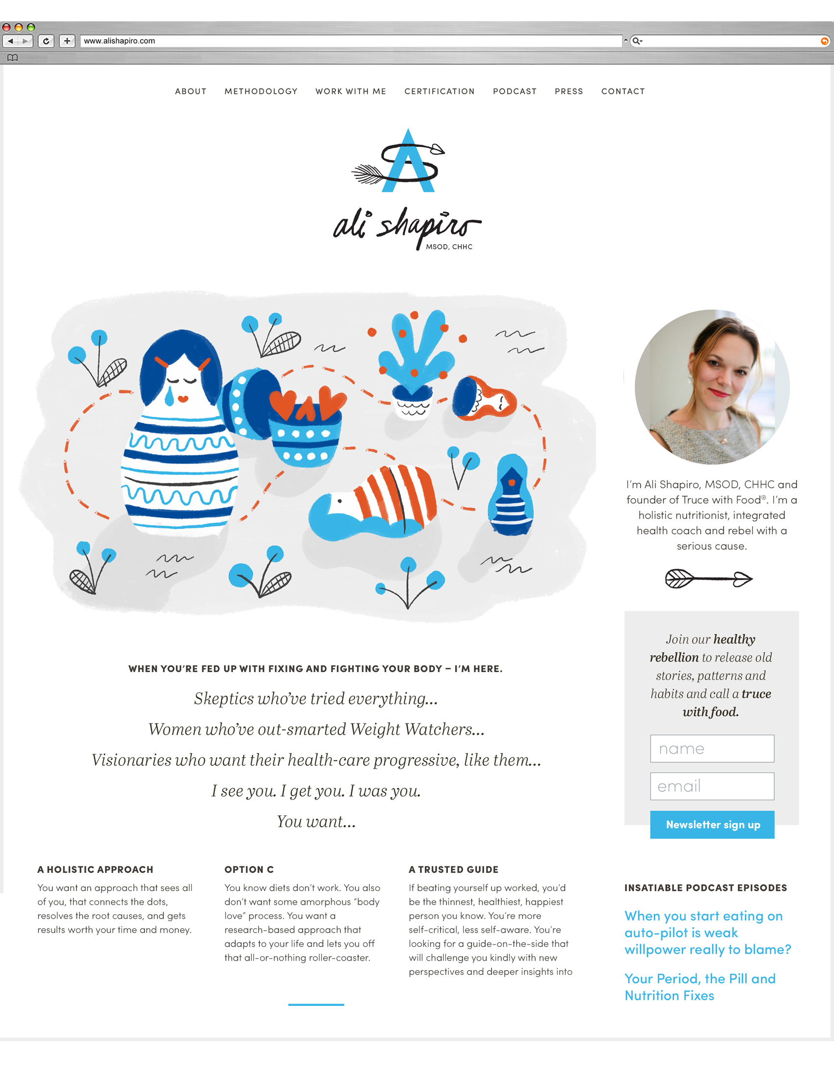 Snapshot of Ali Shapiro website with sidebar, portrait, signup area and illustration of Russian nesting dolls.